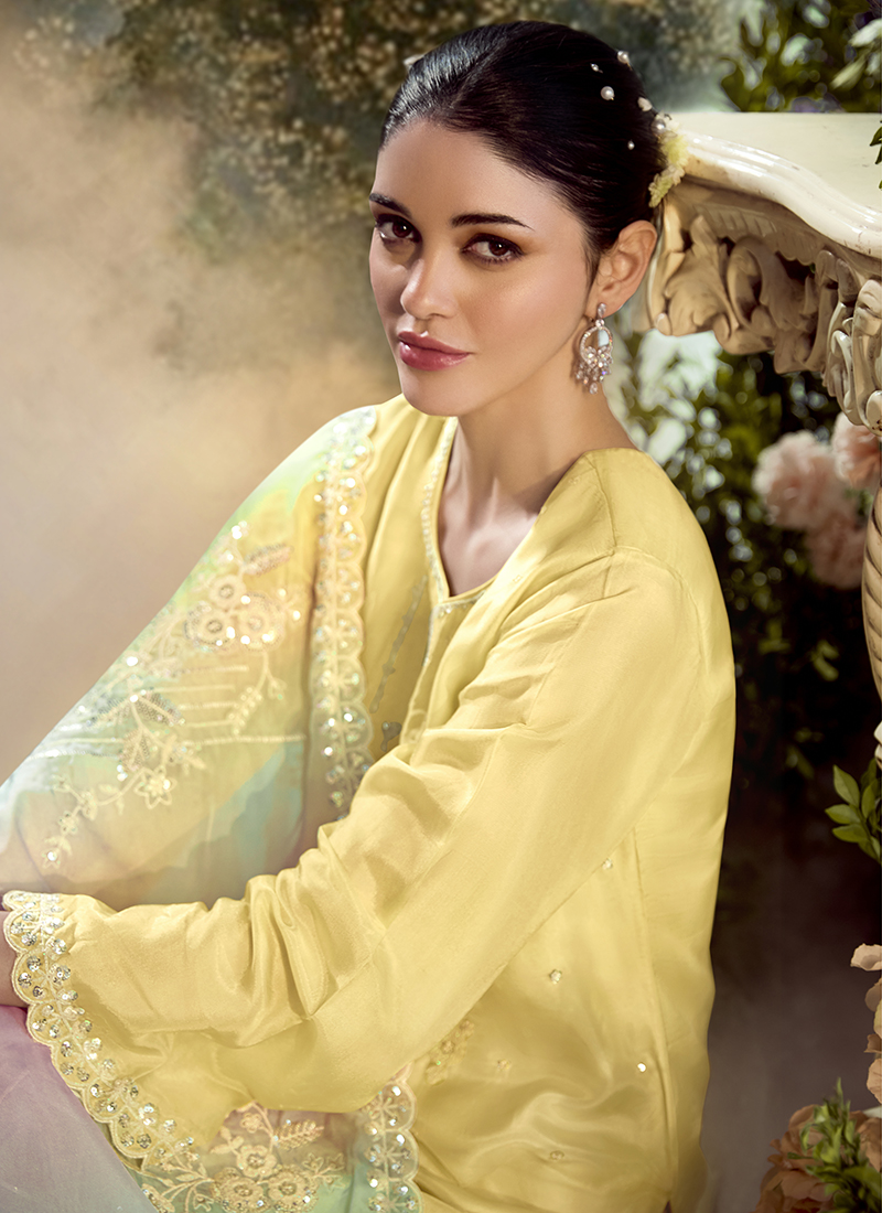 Designer Party Wear Salwar Suit Collection Yellow Modal Silk Pant Straight